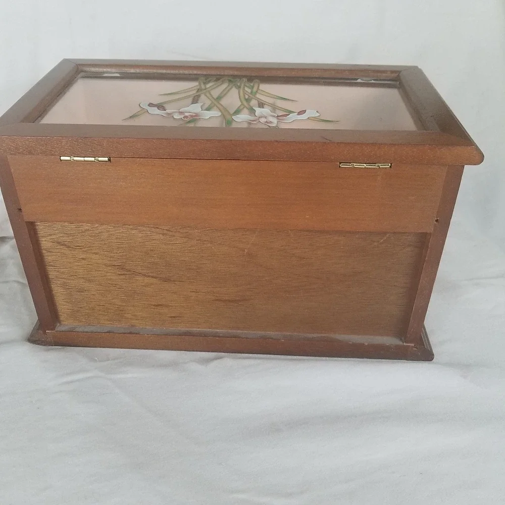 Vintage Wooden Jewelry Box Organizer Brown Excellent Floral Glass 2-drawers